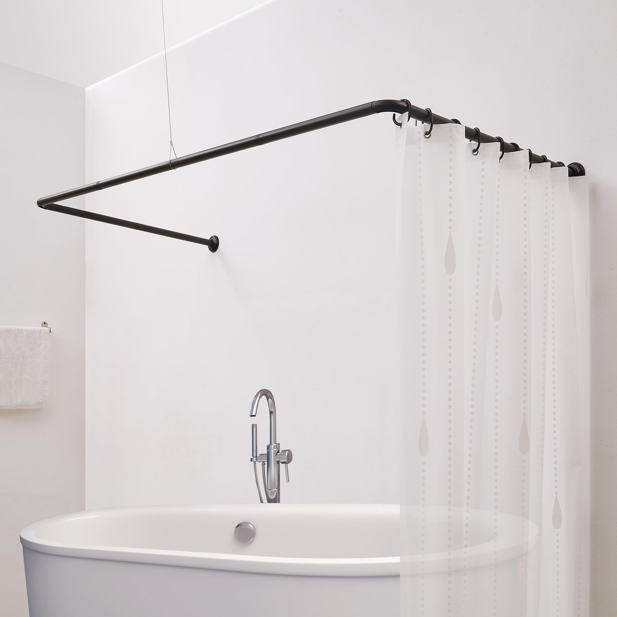 Duschvorhangstange U Form Duschstange 88x176x88 cm | Eckduschstange aus Stahl, Matt Schwarz | Inkl. Deckenstütze & 12 Haken | Montageset