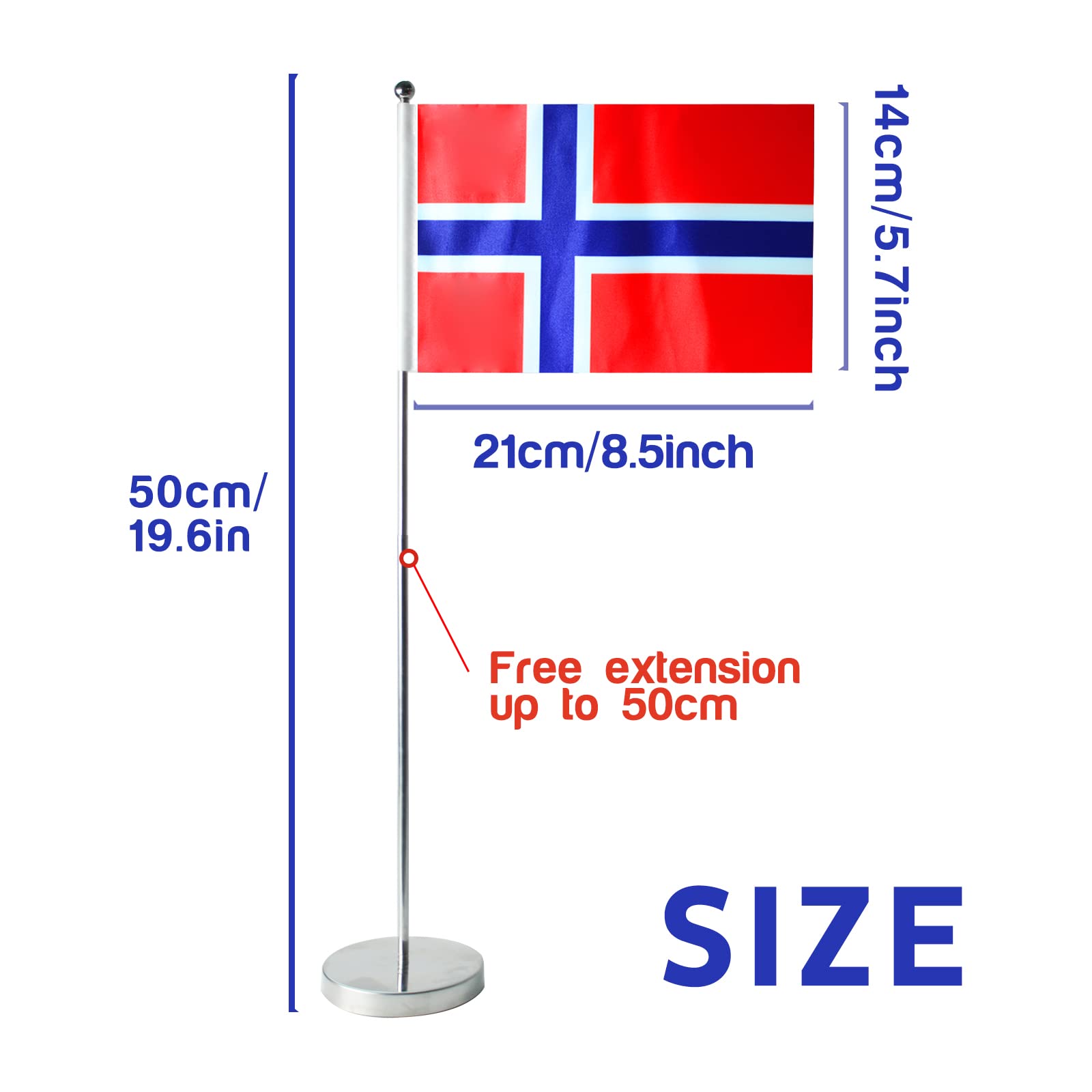 Bandera de Noruega para mesa de 9 x 6 pulgadas, incluye base de acero inoxidable y poste ajustable