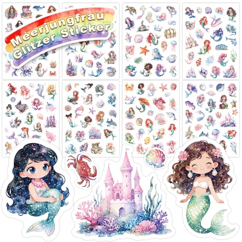 Mermaid Glitter Stickers for Kids 8 PCS Cute Mermaid Stickers for Scrapbooking Teachers Classroom Prizes Birthday Gift Idea Party Favors Laptop Stickers for Girls Boys Students Decorations
