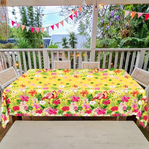 Image of QZYL 3 PCS Hawaiian Table Cloths, 54 x 108 Inches Luau Tablecloths, Disposable Aloha Party Decorations with Summer Flamingo Palm Leaves, Plastic Luau Party Supplies Tropical Decorations for Tiki Bar