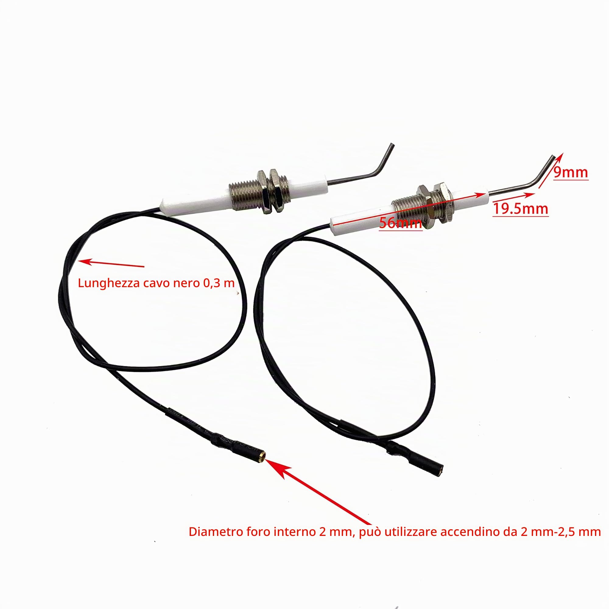 Meter Star, Accendino piezoelettrico con pulsante e elettrodo universale in ceramica filettato, funzionamento con scintilla, cavo da 0,3 metri, set da 2
