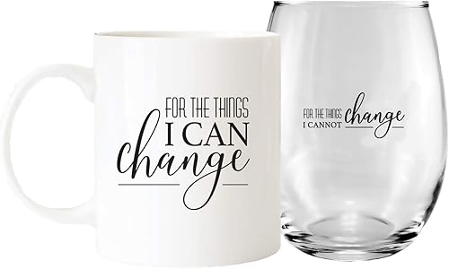 Set de regalo de taza de café y copa de vino sin tallo con texto en inglés "For The Things I Can And Cannot Change", divertido combo de taza