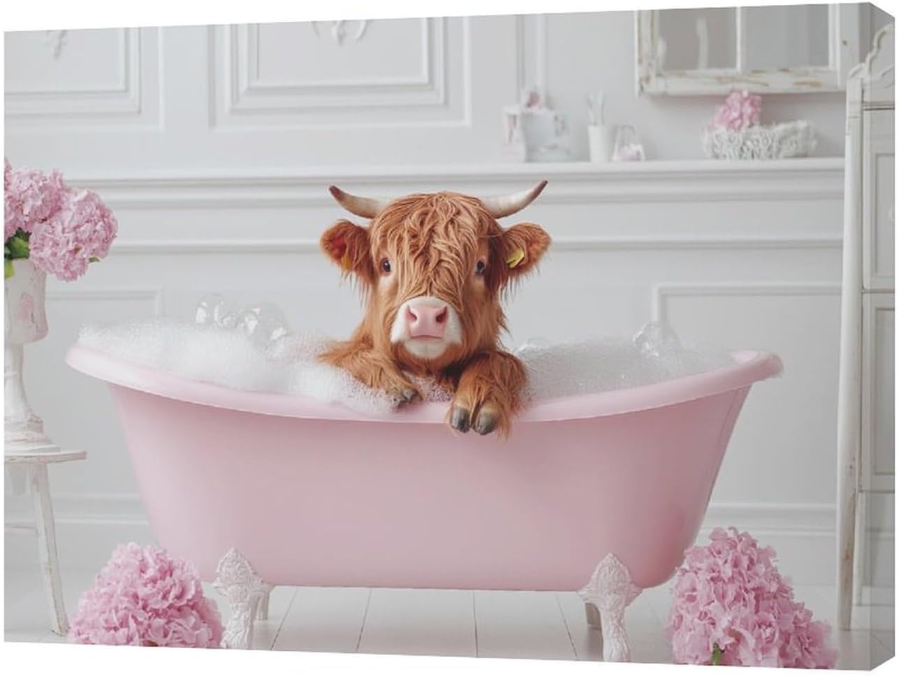 Bathroom Cow Wall Art Highland Cow Wall Decor Pink Pictures Canvas Painting Framed Artwork Home Decorations for Toilet Lavatory Living Room Bedroom 16"x12"