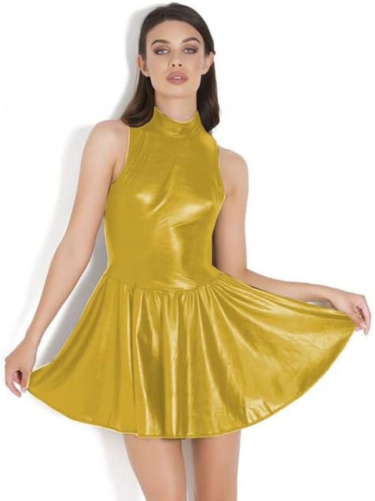 Amazon.com: A-line Metallic Dress Summer Sleeveless Bottom Flare Mini  Dresses Look Dress,Light Gold,L : Clothing, Shoes & Jewelry
