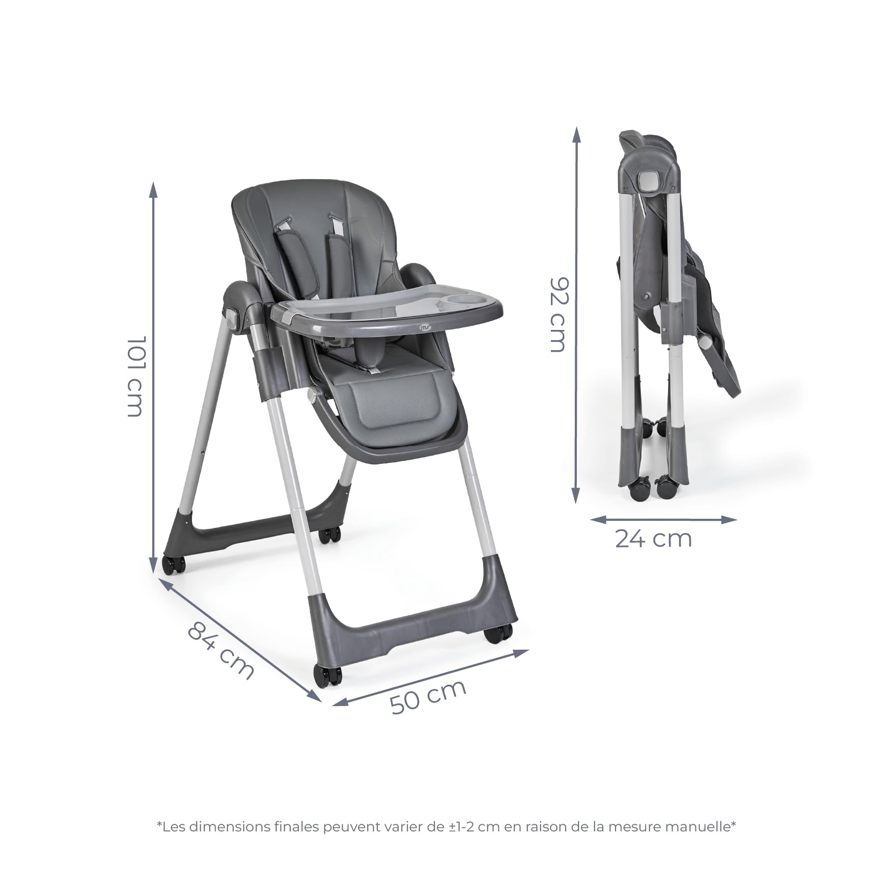 Ms BabyWorld - Chaise haute évolutive pour bébé Tasty | 7 positions de hauteur et 3 inclinaisons | Plateau amovible et repose-pieds réglable | Portable, pliable, jusqu’à 3 ans