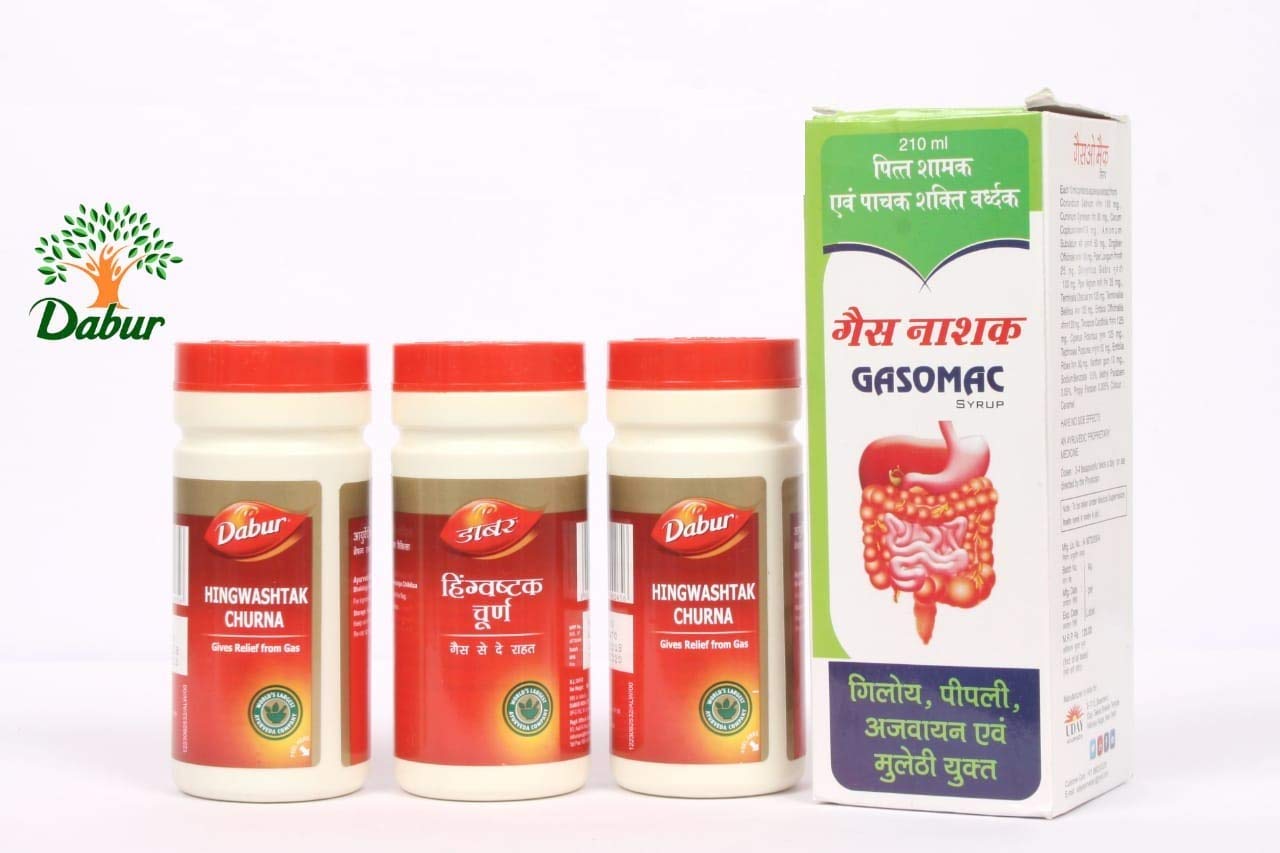 DABUR Hingwashtak Churna 60 g Pack of 3 with Gasomac Syrup 200 ml