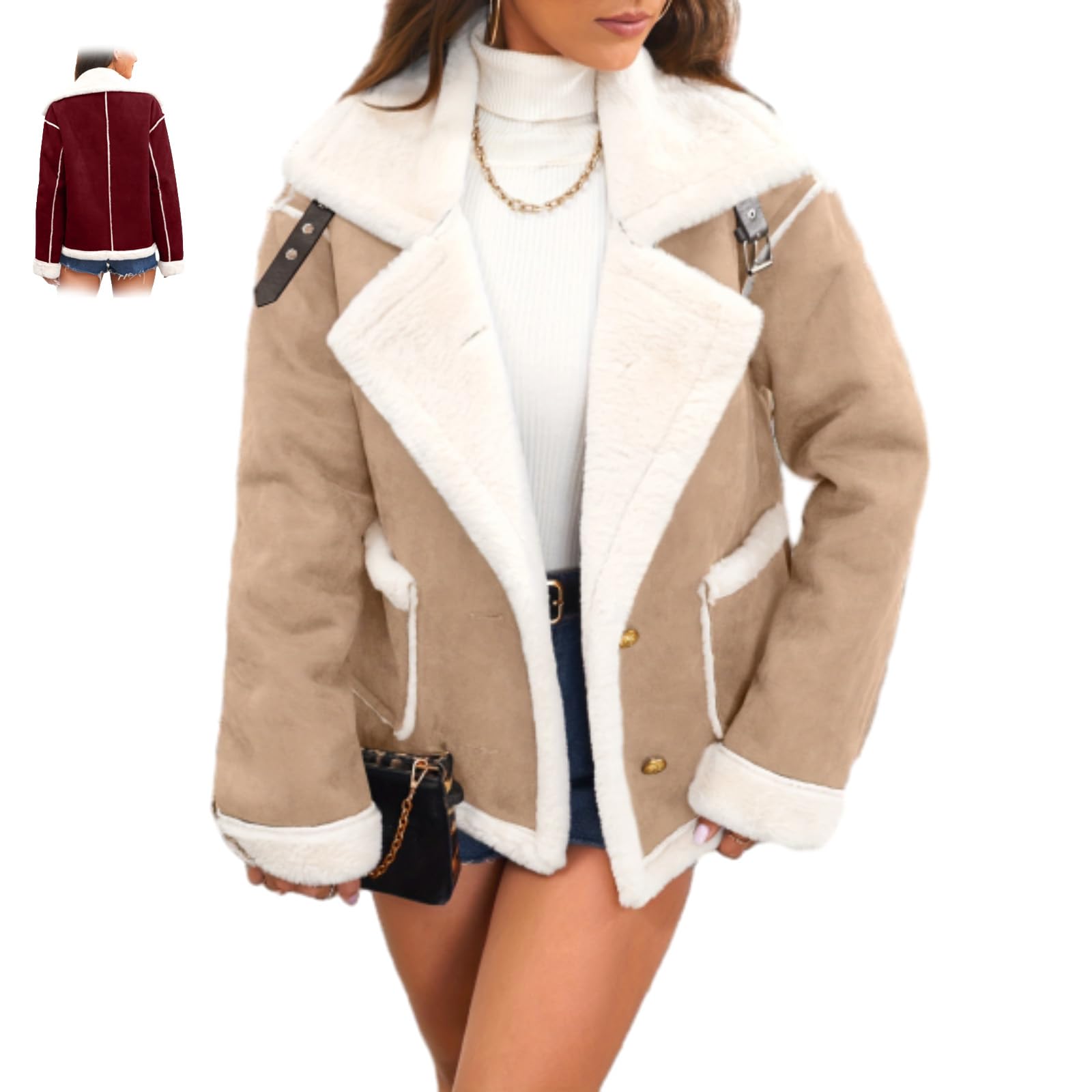 Windehao Women's Khaki Cozy Lapel Plush Jacket – Warm Winter Casual Outerwear, Sherpa Lined Cropped Moto Jackets, Faux Suede Fur Lined Sherpa Coat (,L)