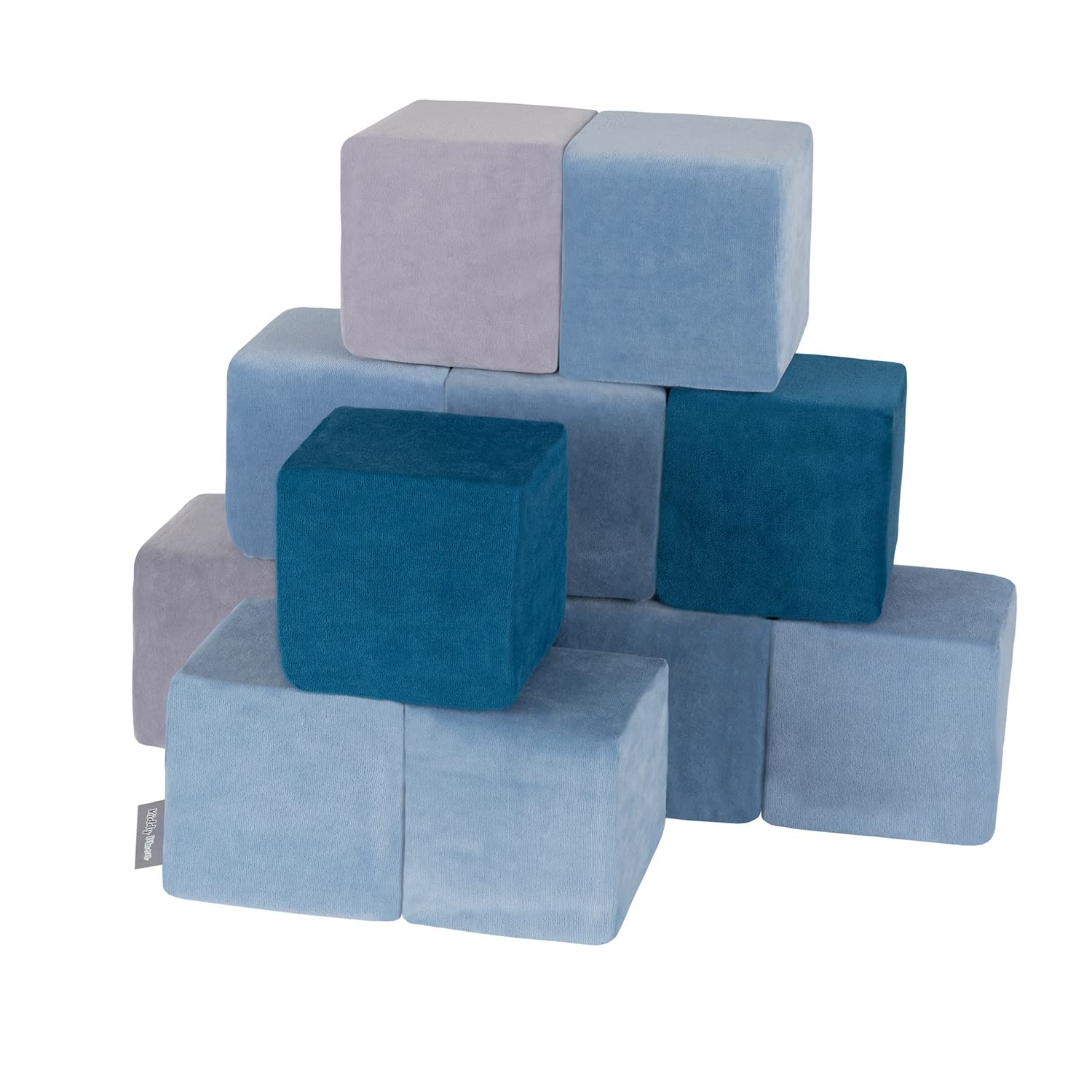 KiddyMoon Cubi Morbidi Schiuma 14 Cm, Blocchi Bambini, Fodera Velluto Zip Lavabile, Sensoriali, 12 Pezzi, Cubi: Laguna Turchese/Blu Ghiaccio/Grigio Dei Monti