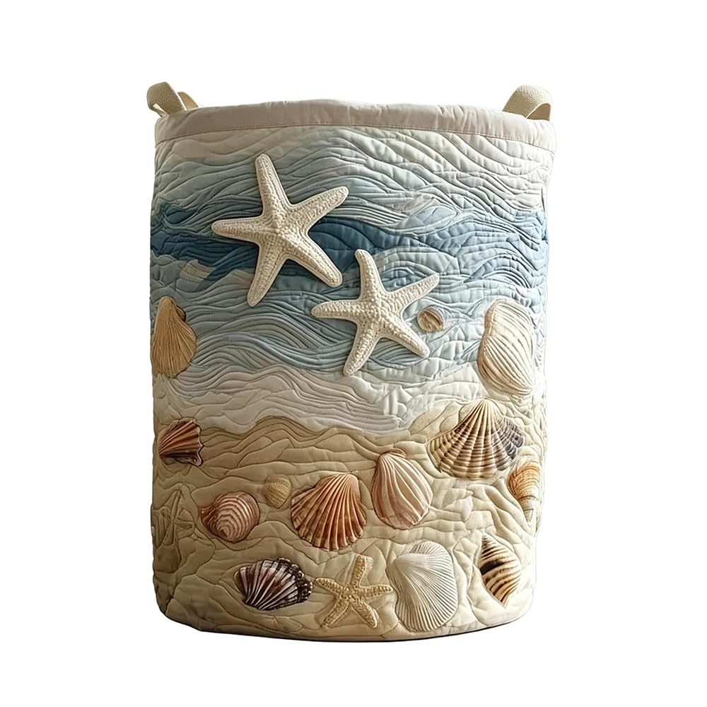 Coastal Beach Starfish Seashell Quilted Laundry Basket Home Storage Hamper (KT35272A02,L)