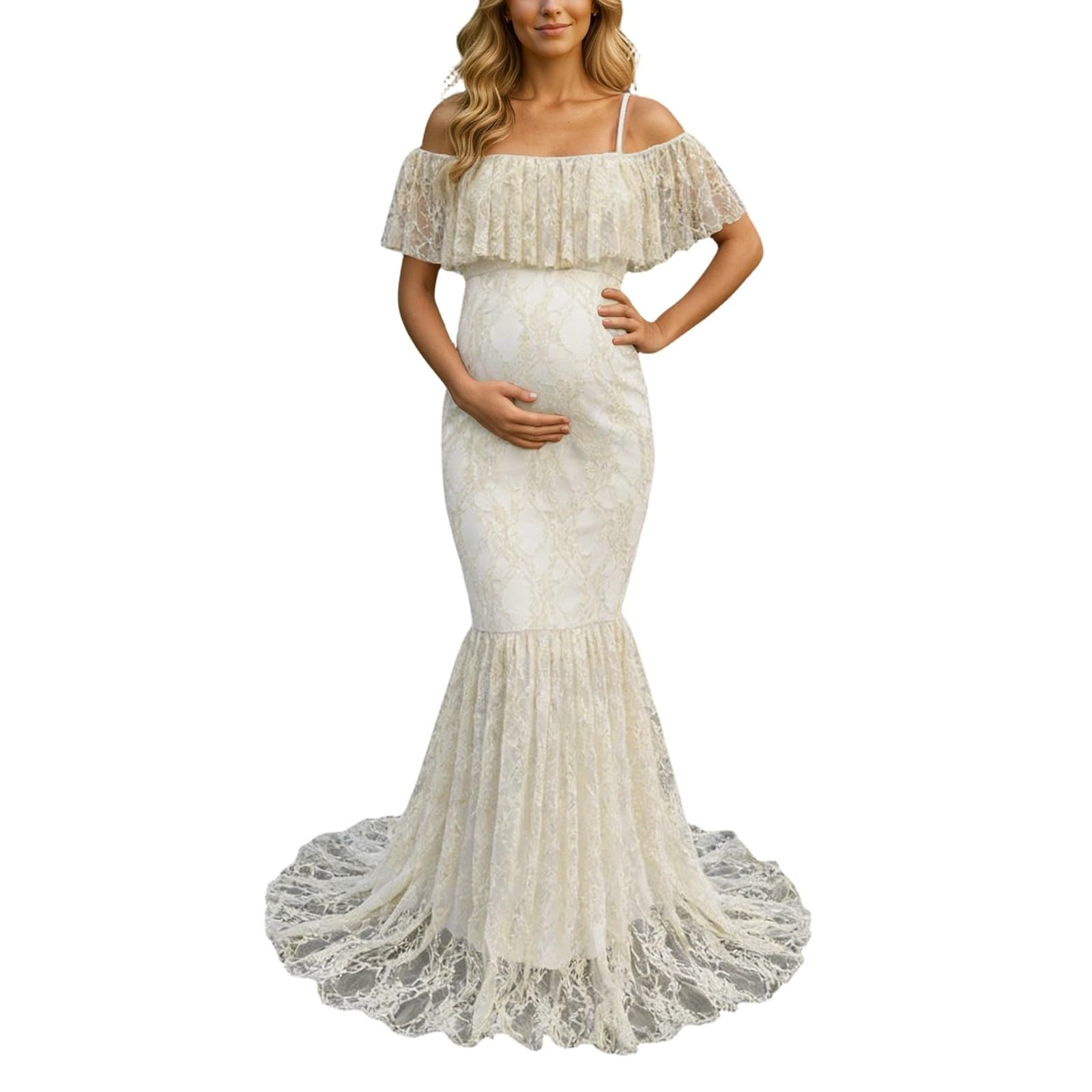 Abito premaman da donna con spalline sottili, abito premaman con volant in pizzo floreale, abito estivo per fotografia, abito da matrimonio, abito elegante in tinta unita da donna per baby shower