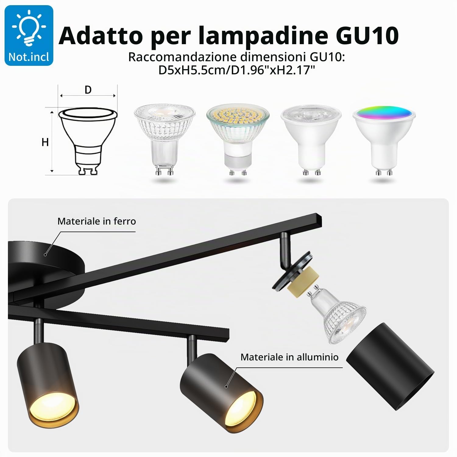 LVWIT Faretti Orientabili Nero, Faretti Soffitto con 5 Attacco GU10, Faretto da Interno Moderna, Lampadario Faretti per Barra, Salotto, Cameretta, Cucina,Corridoio Illuminazione (Senza Lampadina)