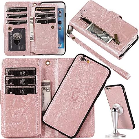 Auker Wallet Case for iphone 6/6S,Trifold 9 Card holder+Kickstand 2 in 1 [Detachable] Magnetic Folio Flip Leather Zipper Wallet Wristlet Purse Case with Removal Hard Shell&Money Pocket for Women/Men Cover
