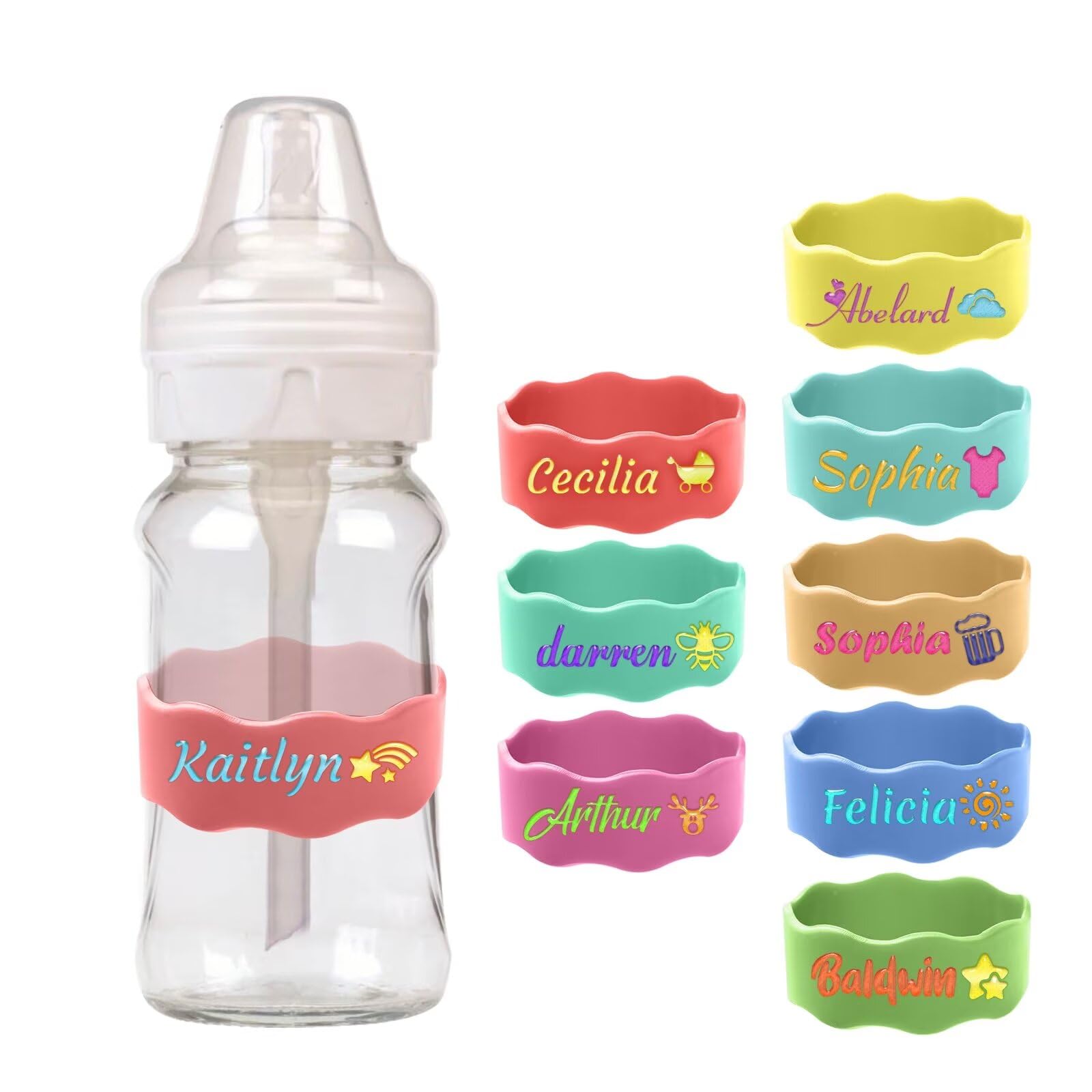 Custom Baby Bottle Labels for Daycare,Personalized Name Silicone Cup Strap,Reusable Kids Cup Grip Strap,Waterproof & Non-Slip (6pcs)