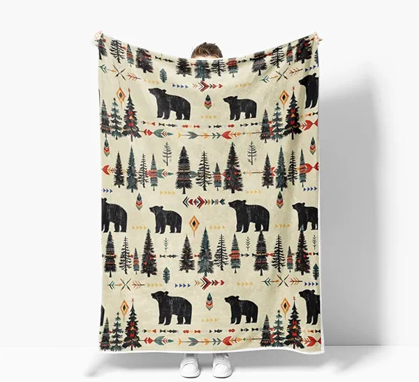 Rustic Cabin Throw Blanket, Vintage Farmhouse Country Cabin Lodge Woodland Bear Fleece Blanket, Camping Rv Soft Flannel Throw Blanket for Chair Bed Sofa Couch, 50X60IN