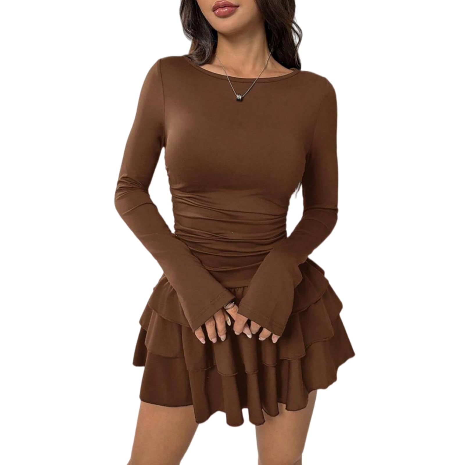 Vestito Donne Elegante Mini Abito, Slim Fit Alta Vita Ruffle Abito con Manica Flare, Bodycon Party Dress Autunno Inverno-Coffee-m