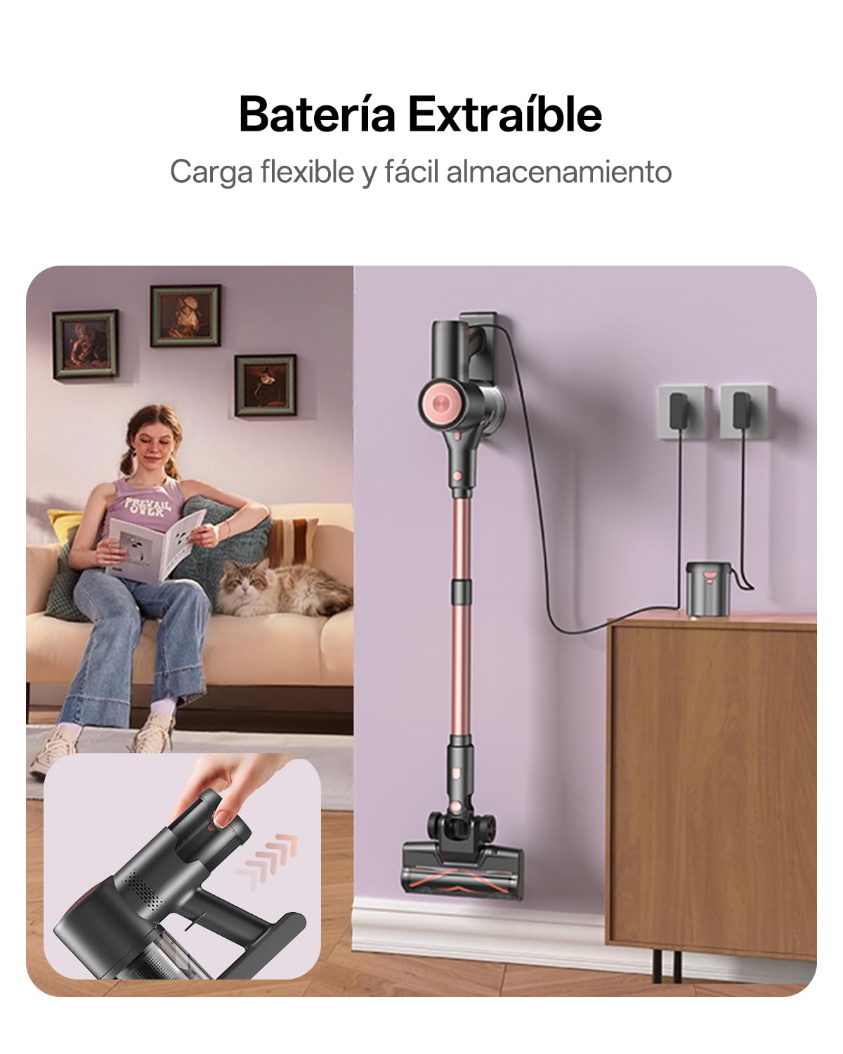 Vexilar V10Pro Aspiradora sin Cable 45KPa Potente,Aspiradora Fácil Limpieza,Autonomía 45 Min,Batería Extraíble,Accesorios Multiusos,Aspirador Escoba Ligero para Suelos/Alfombras/Coche/Pelo de Mascotas