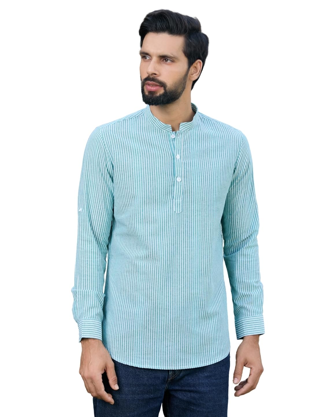 See Designs Men's Roll-Up Sleeve Mandarin Collar Green Woven Striped Cotton Short Kurta - Sdkt2961Xl