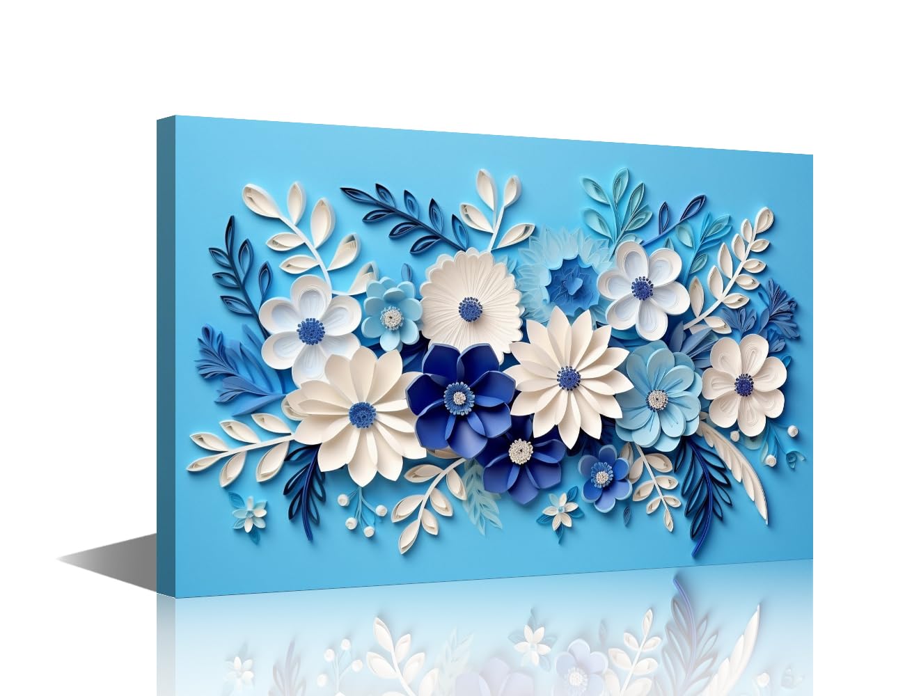 TISHIRON 1 Piece Canvas Blue Background Canvas Wall Art Flowers, Wall Paintings for Living Room Blue and White Flowers, Minimalism Wall Art for Bathrooms Picture Framed Art Ready to Hang 12x18inch