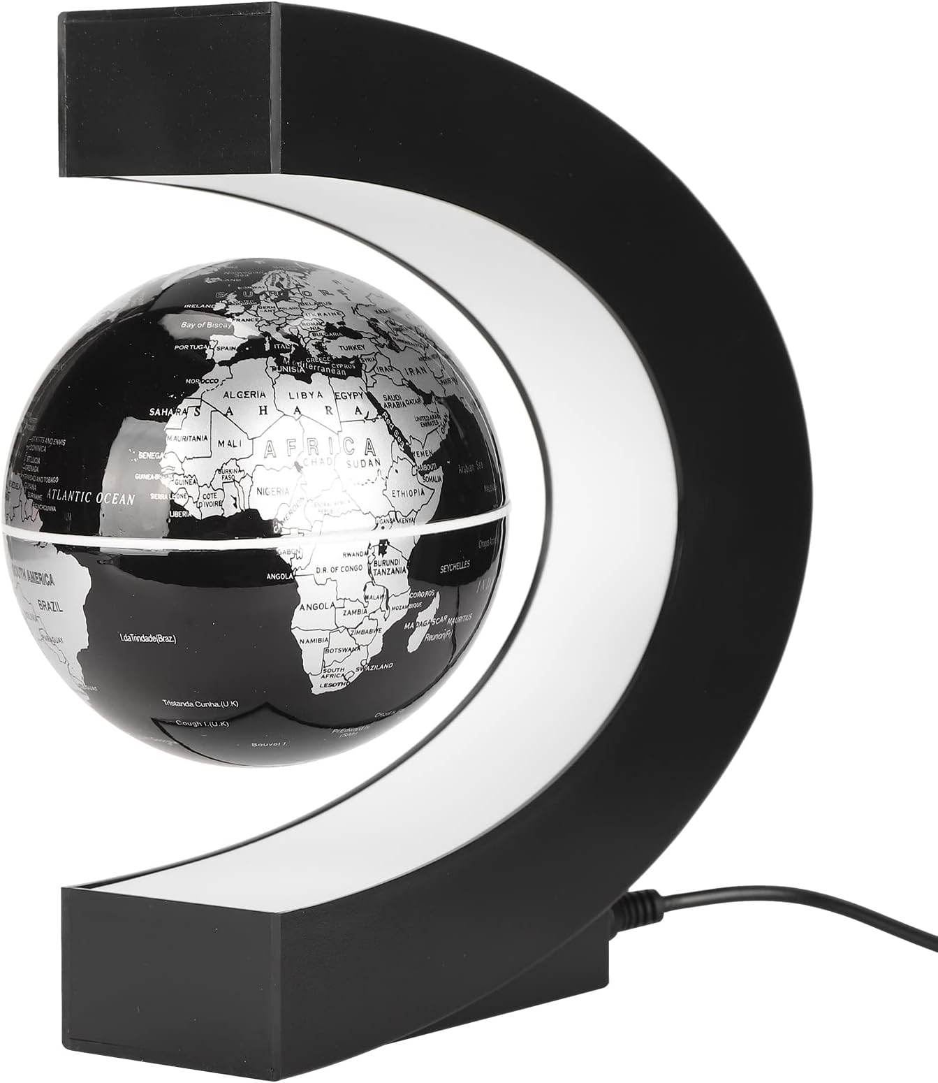 Magnetic Levitation Globe,C Shape Base Floating Decoration Black Silver World Map Globe with LED Lights for Fathers Students Teacher Business Boyfriend Birthday Gift Office Desk Decor(US)
