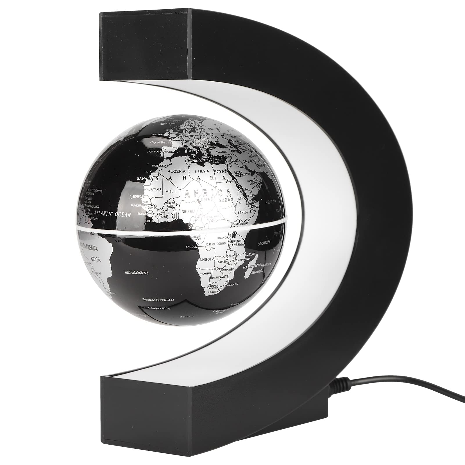 Magnetic Levitation Globe,C Shape Base Floating Decoration Black Silver World Map Globe with LED Lights for Fathers Students Teacher Business Boyfriend Birthday Gift Office Desk Decor(US)