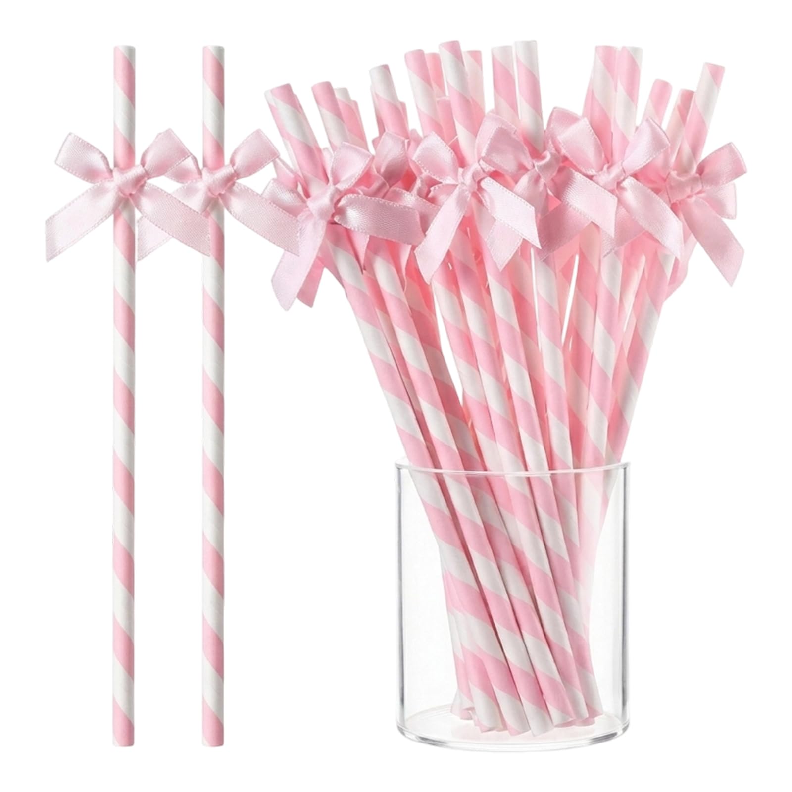 50 Pcs Pink Straws, Bow Straws and Cocktail Straws Set, Decorative Paper Straws for Parties and Events, Pack of Elegant Drinking Straws
