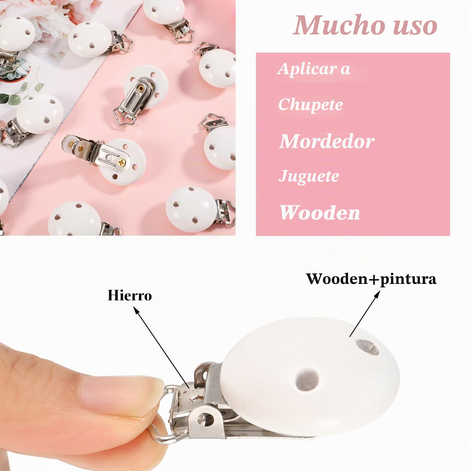 Pinzas para chupete de haya natural, 15 unidades, manualidades, dentición, color blanco