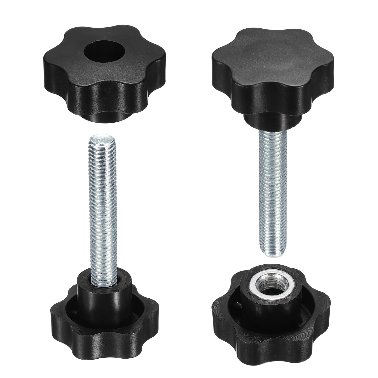 sourcing map 2 Set Star Knobs M12 x 90mm Male + M12 Female Thread 48mm Head Metric 6-Star Threaded Stud Clamping Handles Screw in Through Hole Hand Jig Knob Thumb Screws, Black