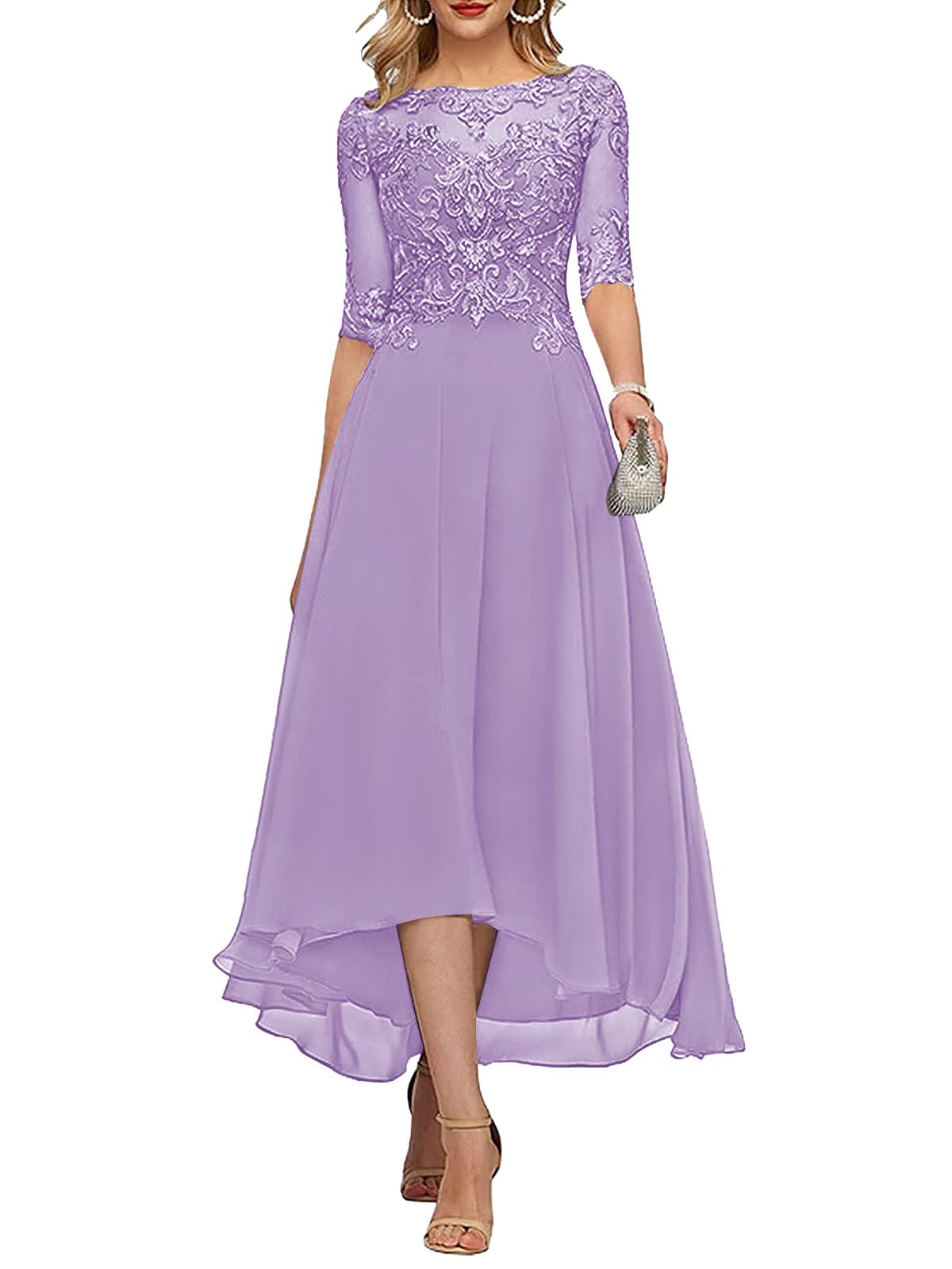 HANVAIOS Mother of The Bride Dress Tea Length Lace Appliqued Long Chiffon Formal Dresses for Women