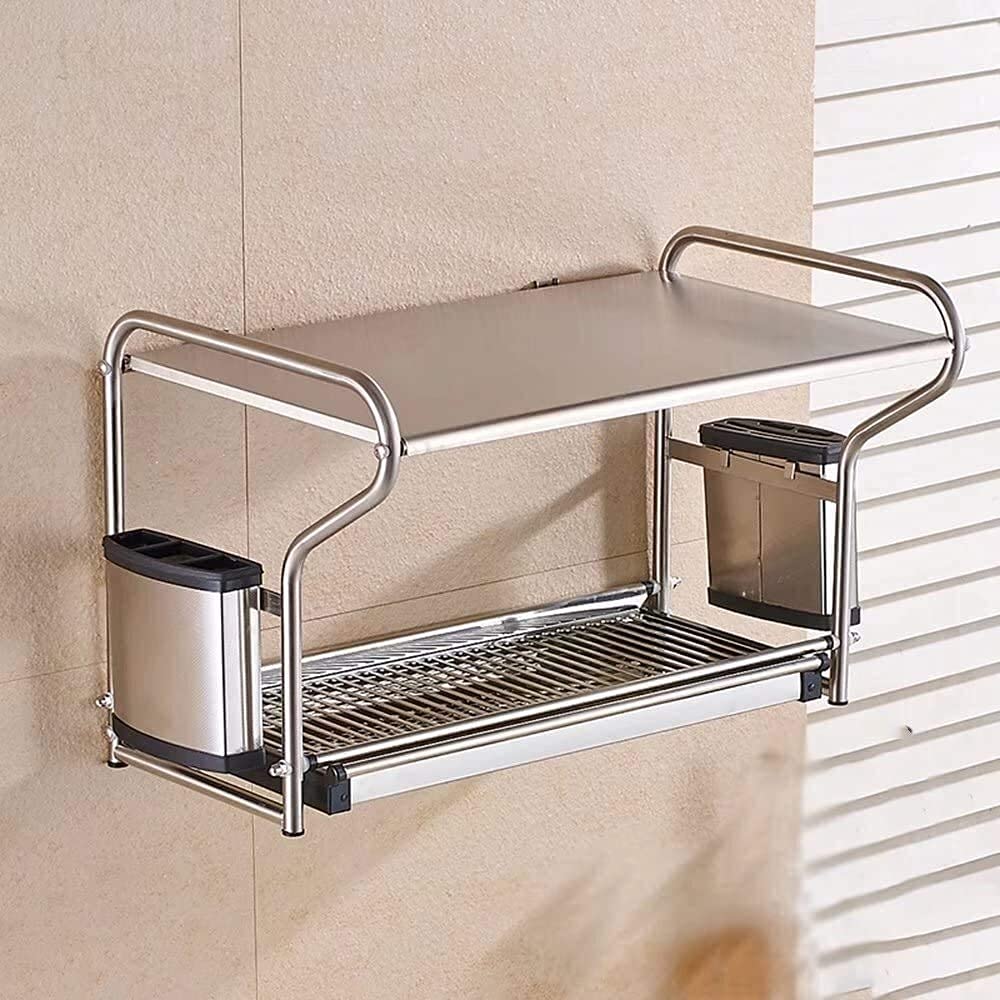 Étagère micro-ondes murale en inox épais avec porte-vaisselle