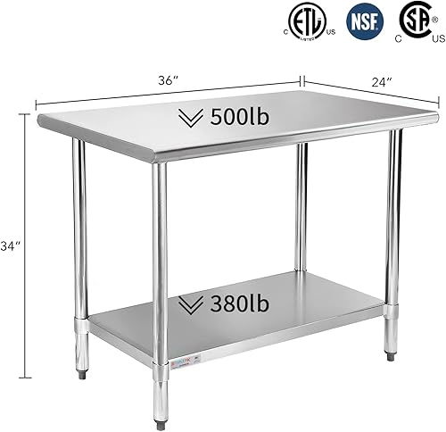 Miniatura 2 de STABLEINK NSF Mesa de acero inoxidable, 24 x 36 pulgadas, mesa de trabajo y preparación de metal con estante inferior, para cocina comercial,