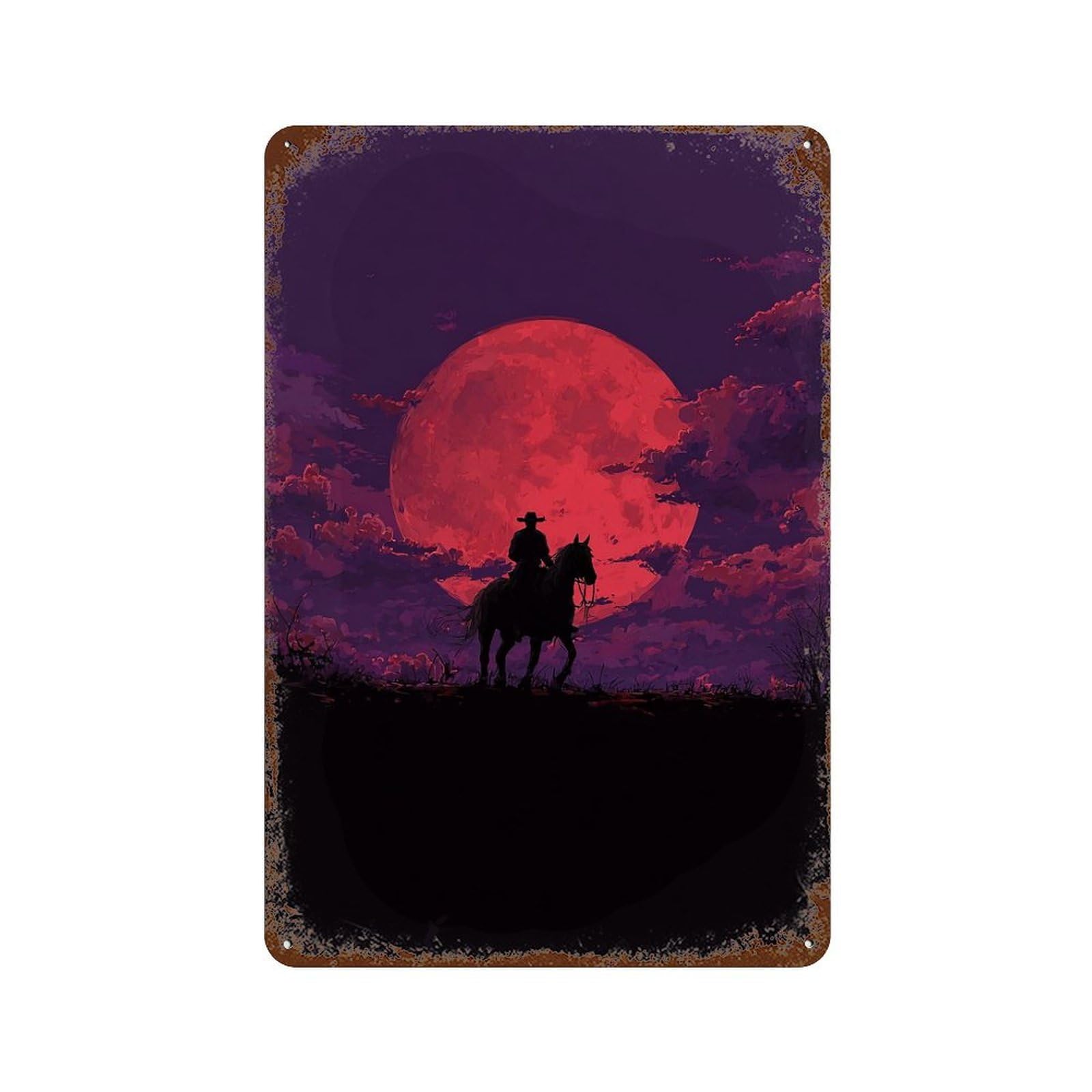 Distressed Metal Wall Sign Moonlit Horseback Ride 11.8"x7.9", Old School Wall Decor for Bistro, Counter And Cafe Decor