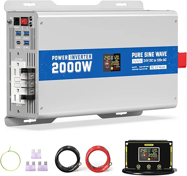 ASMONTRIC 2000W Pure Sine Wave Power Inverter 24V DC to 120V AC Converter 4000 Watt Peak Power Multi-Display Screen with 2 GFCI Outlet 30W USB and 18W Type-C for Car RV Truck Boat Off-Grid, Gray Blue