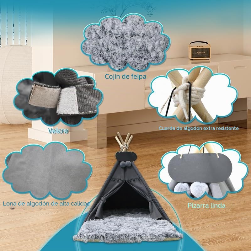 Mascotas Tipi Tienda de campaña para perros con alfombra de felpa lavable para gatos, cama para perros y gatos, casa de juegos, 70 x 70 x 80 cm
