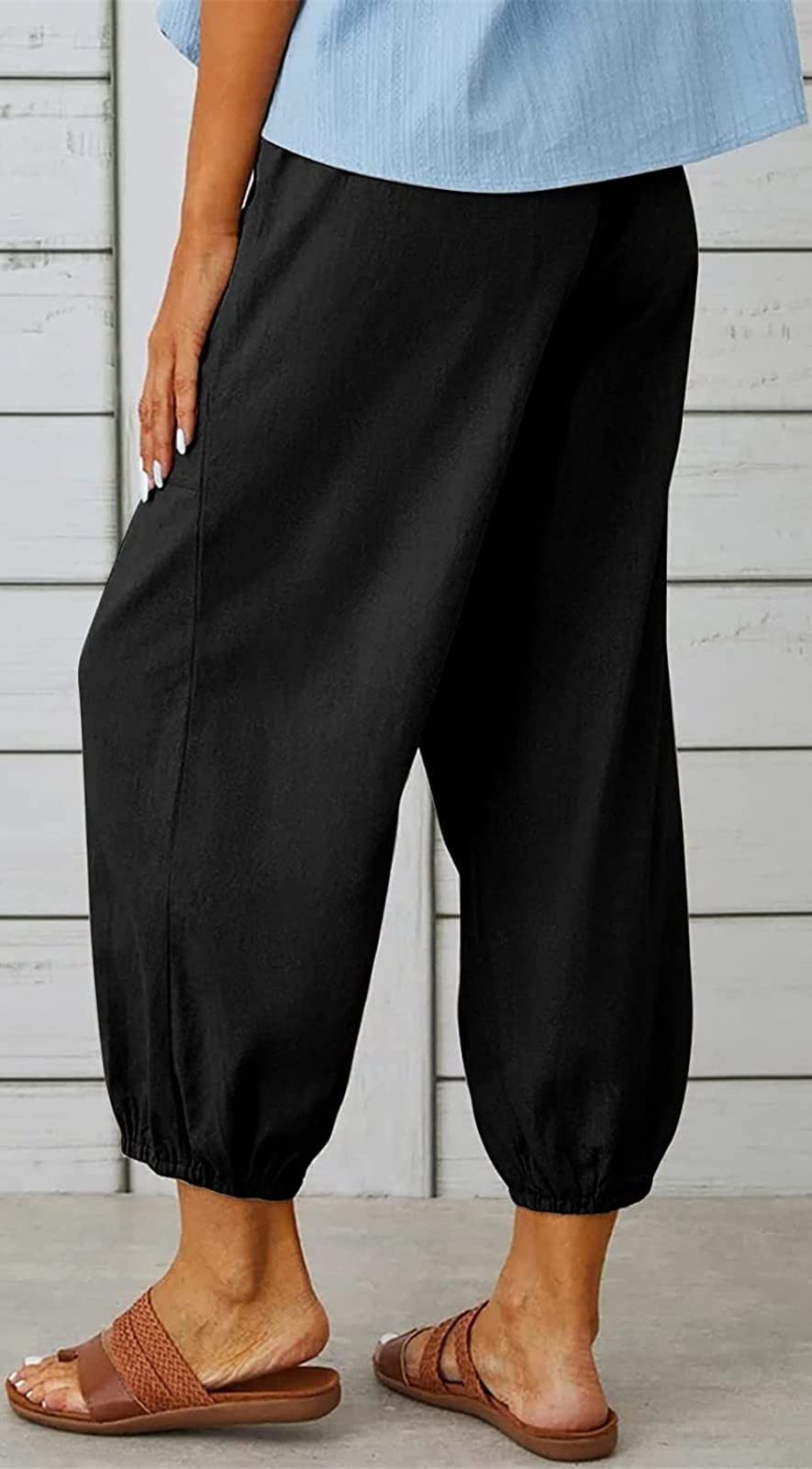 ASKSA Damen 7/8 Länge Hose Weitem Bein Freizeithose Leicht Sommerhose Lose Casual Leinenhose mit Taschen