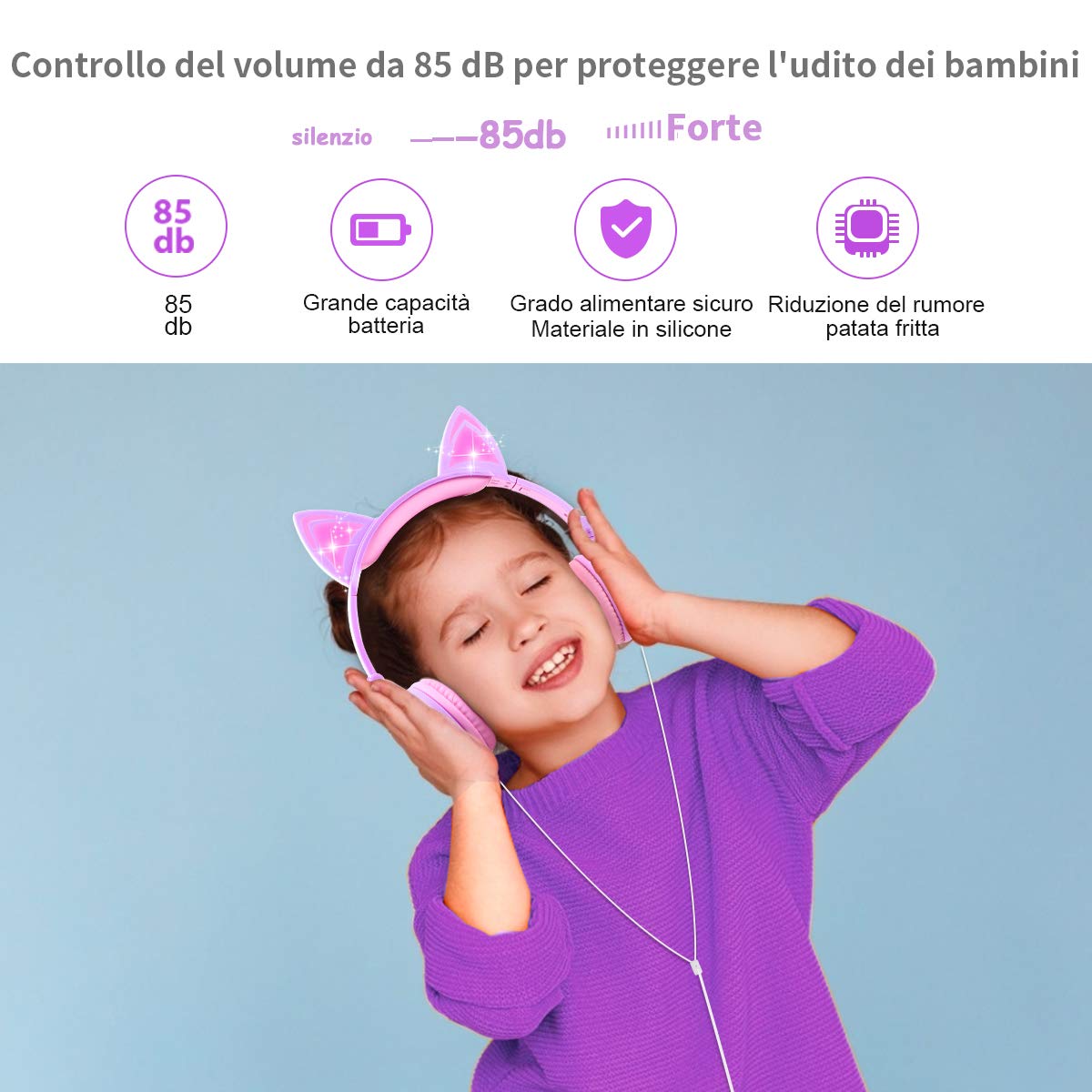 sunvito Cuffie per Bambini, Orecchio sopra con orecchie di gatto incandescente a LED, Cuffie Bambina Pieghevoli Cablate, 85dB Volume, cuffie gatto per ragazzo (Rosa2)