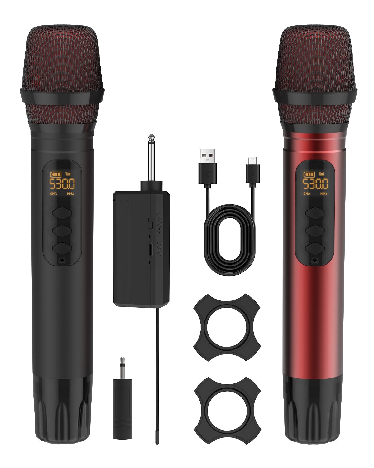 Wireless Microphones, UHF Metal Dual Handheld Cordless Dynamic Karaoke Microphone Wireless, 1/4 "Output for Rechargeable Wireless Microphone, Wedding, Party,DJ, Church, Speech,Class Use, 240ft