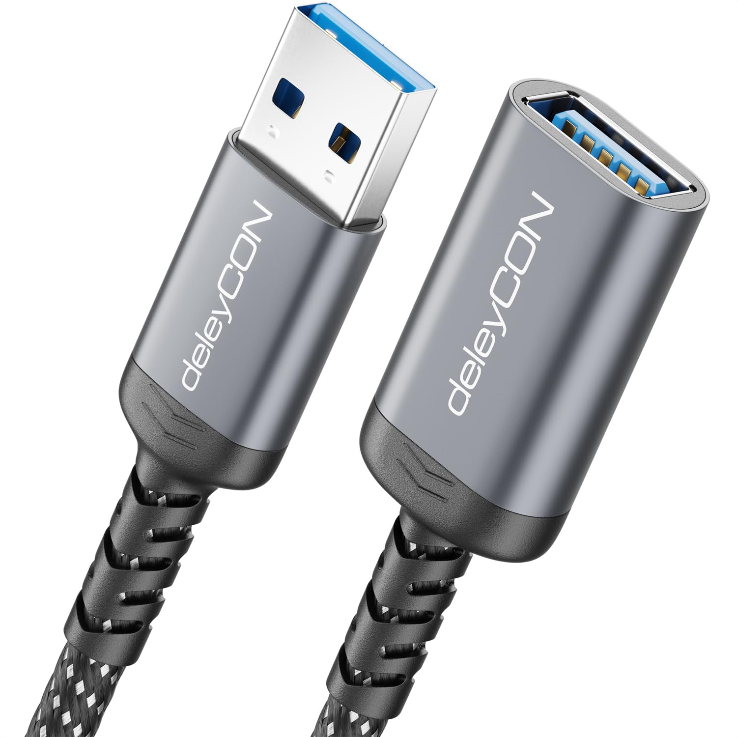 deleyCON 2m USB Verlängerung 5Gbps (A-Stecker auf A-Buchse) Aluminium Stecker + Nylon Kabel USB 3.0/3.2 Gen1 Datenkabel für Tastatur, Maus, Drucker, Scanner, Kamera, Externe Festplatte usw.