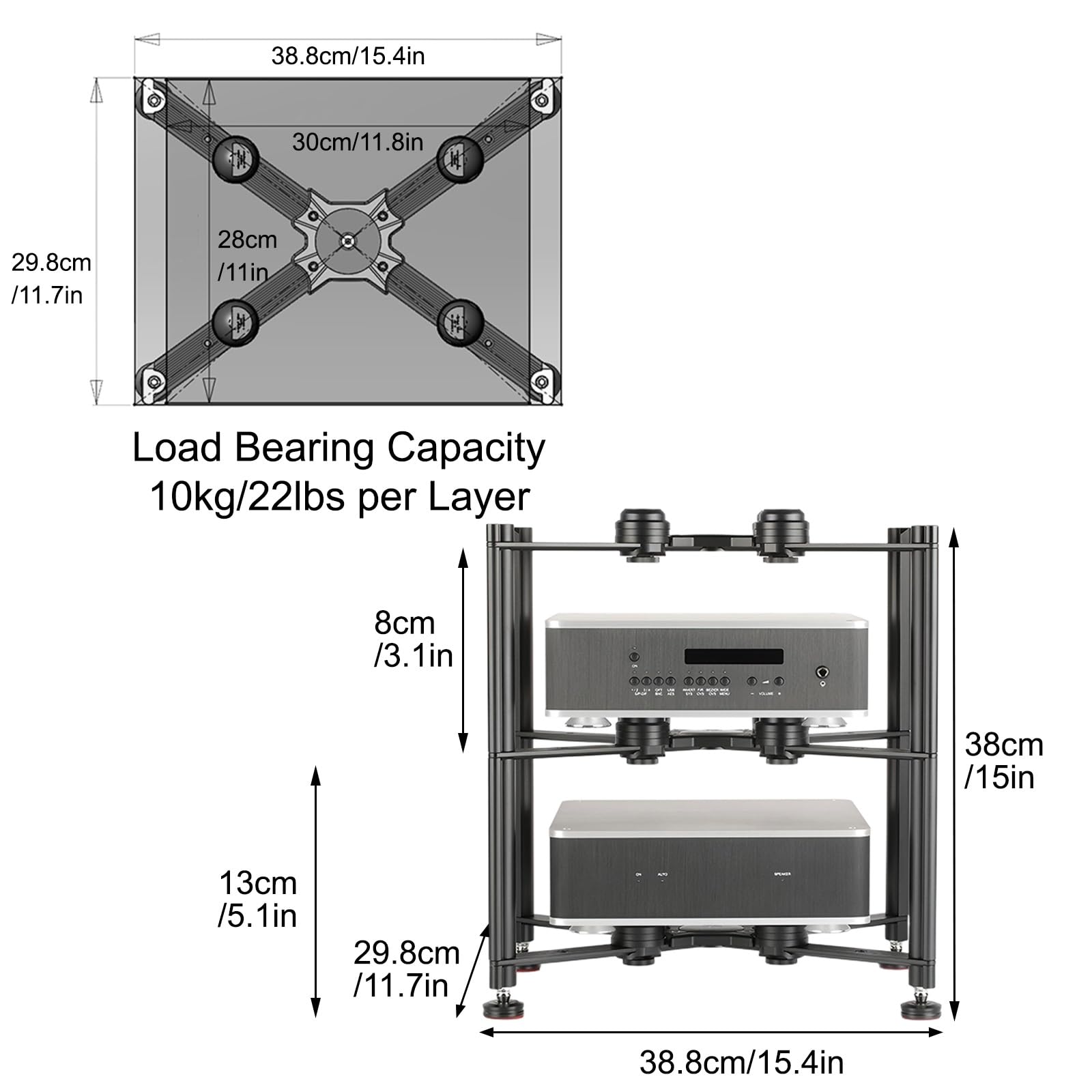 Étagère d'angle à 4 niveaux en métal pour matériel audio-vidéo et équipement audio-vidéo - Armoire stéréo pour équipement informatique - 38 cm de haut