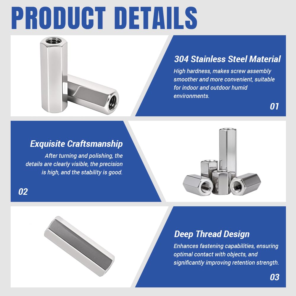 20Pcs M5 x 0.8mm Pitch 45mm/1.77”Length Hex Coupling Nuts, 304 Stainless Steel Silver Fully Threaded Rod Coupling Nut Studding Connector Screw Bolts Fasteners