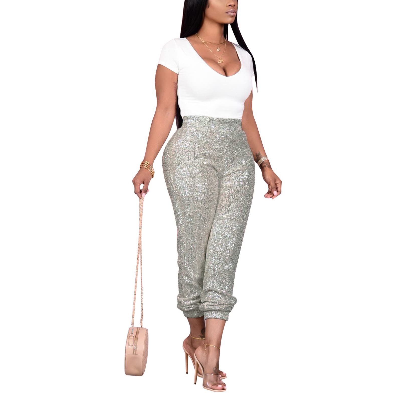 NINALUNA Women Wide Leg Pants Solid Color Sequin Decorative Surface Casual Elastic Sequins Fashion Casual Straight Pants