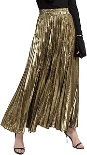 Women's Premium Gold Shiny Shimmer Accordion Pleated Long Maxi Skirt