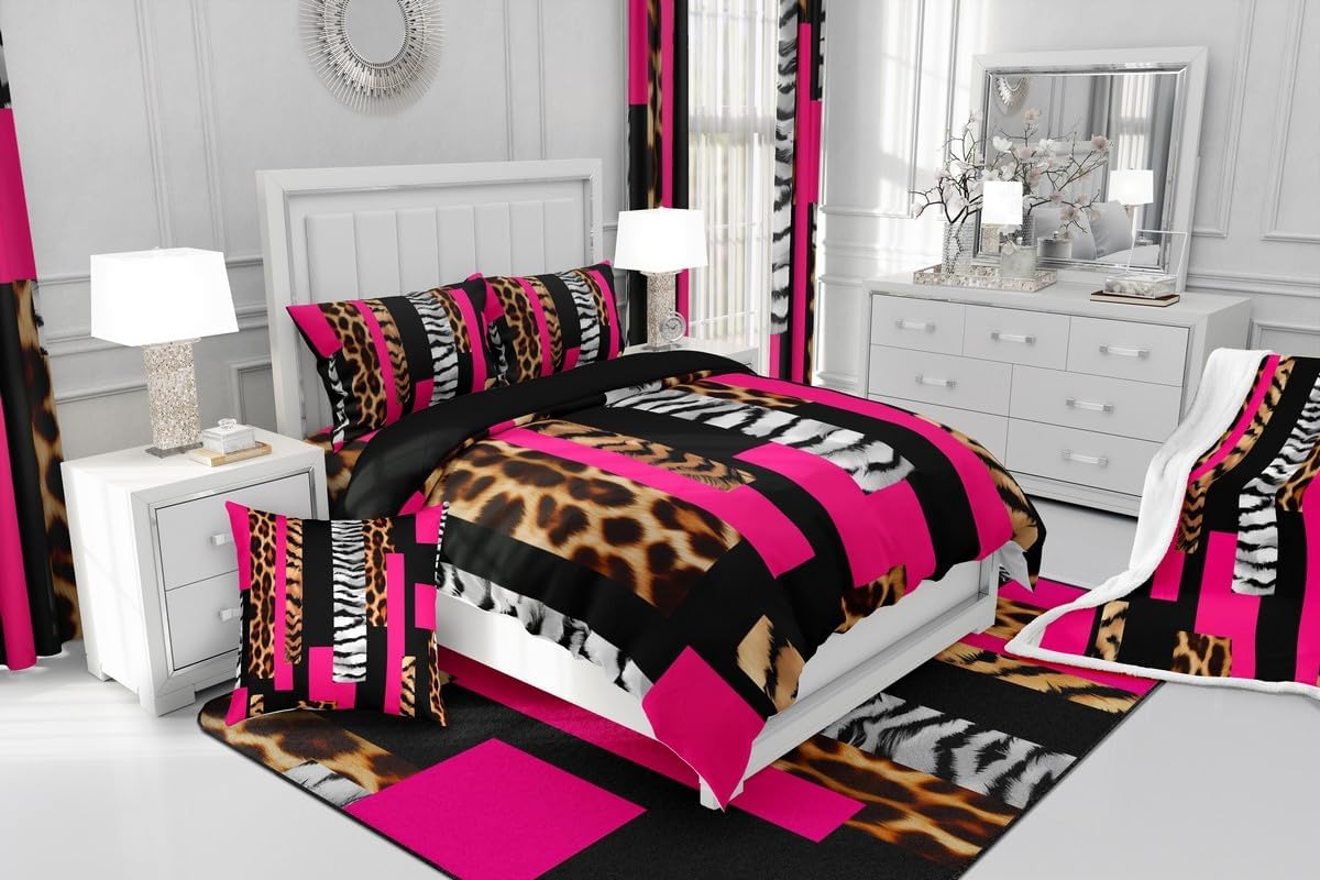 Feelyou Leopard Reversible Throw Pillow Covers for Kids Boys Girls Cheetah Hot Pink Black Pillow Covers Home Decor 24 x 24-Inch Animal Fur Print Square Cushion Covers Set of 1 Decor Safari Zebra