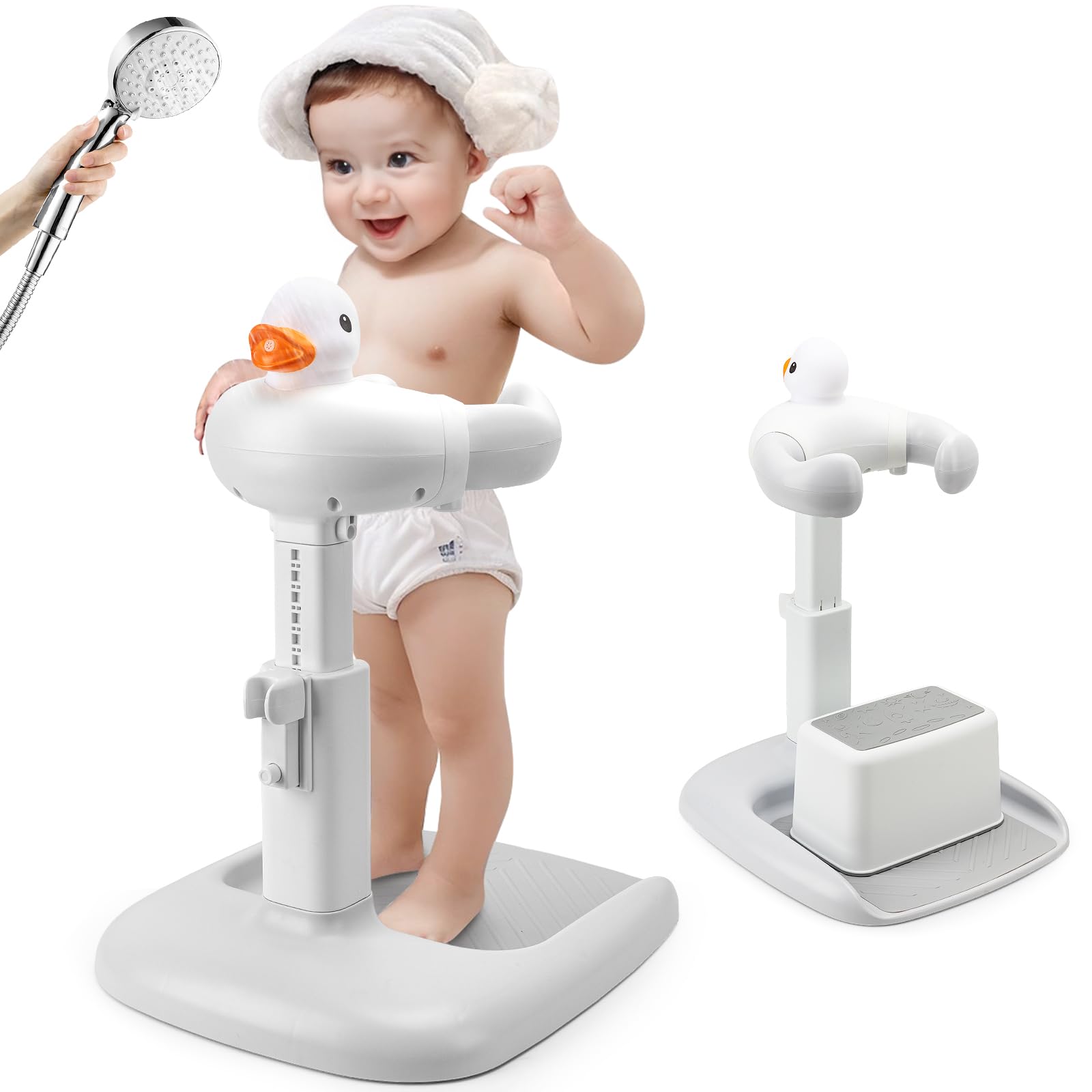 Struttura regolabile in altezza con sedile: cabina doccia con sedile per bambini dai 6 mesi in su. Base antiscivolo e design anatra