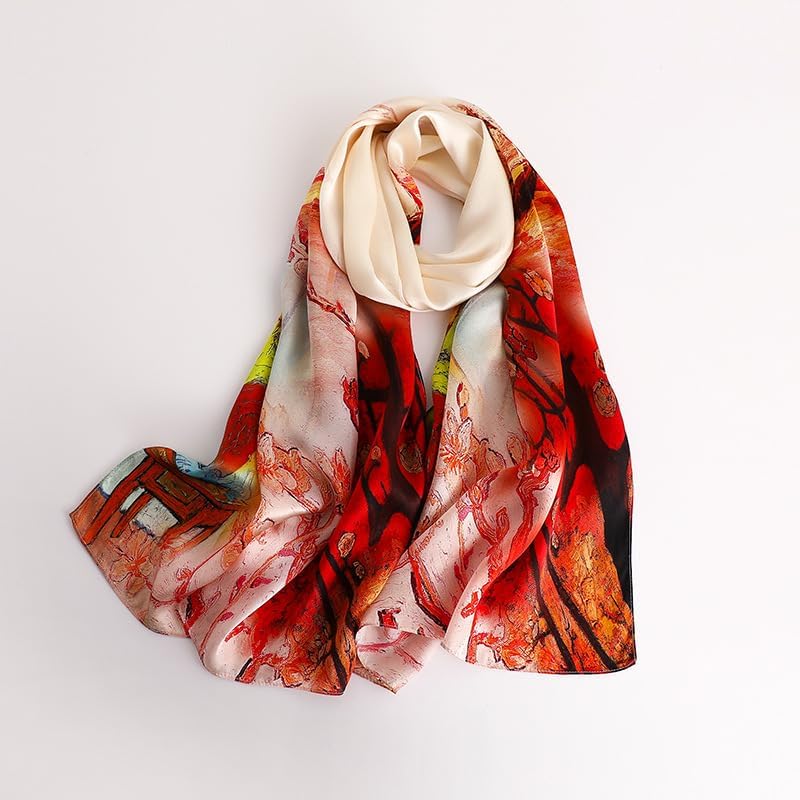 MEISEE 100% Mulberry Silk Long Scarf for Women Large Oblong Sunscreen Shawls Wraps Neck Headscarf Hair Wraps with Gift Packed (23-Red + Beige Oil Painting) - Image 5