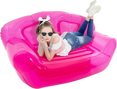 Clear Inflatable Sofa, Pink Double Person Blow UP Sofa with 441Lbs Capacity, PVC Inflatable Air Couch with Cup Holders, for Yard, Camping, Garden, Balcony, Beach, Or Swimming Pool