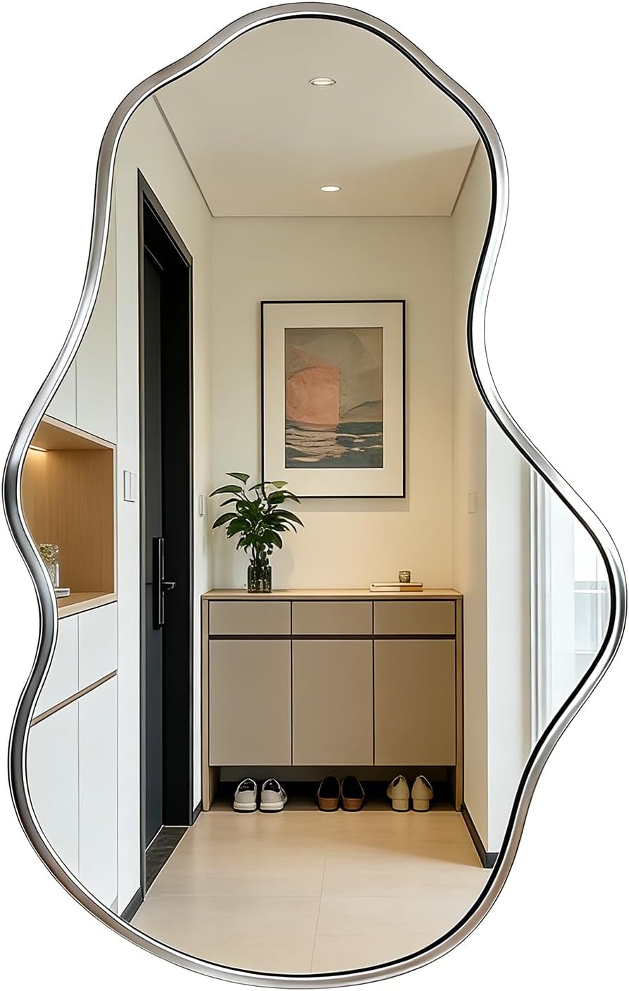 DECORKEY Irregular Wall Mirror Asymmetrical Mirror,18.5''x30'' Silver Mirror for Bathroom Bedroom Living Room Entryway, Decorative Modern Mirror,Wall Mouted（Silver