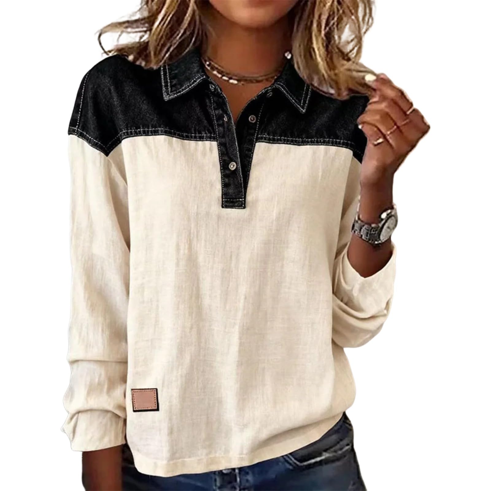 Womens Casual Tops Beige and Black Color Block Long Sleeve Blouse 2025 Spring Fall Linen Blend Button-Up Shirts