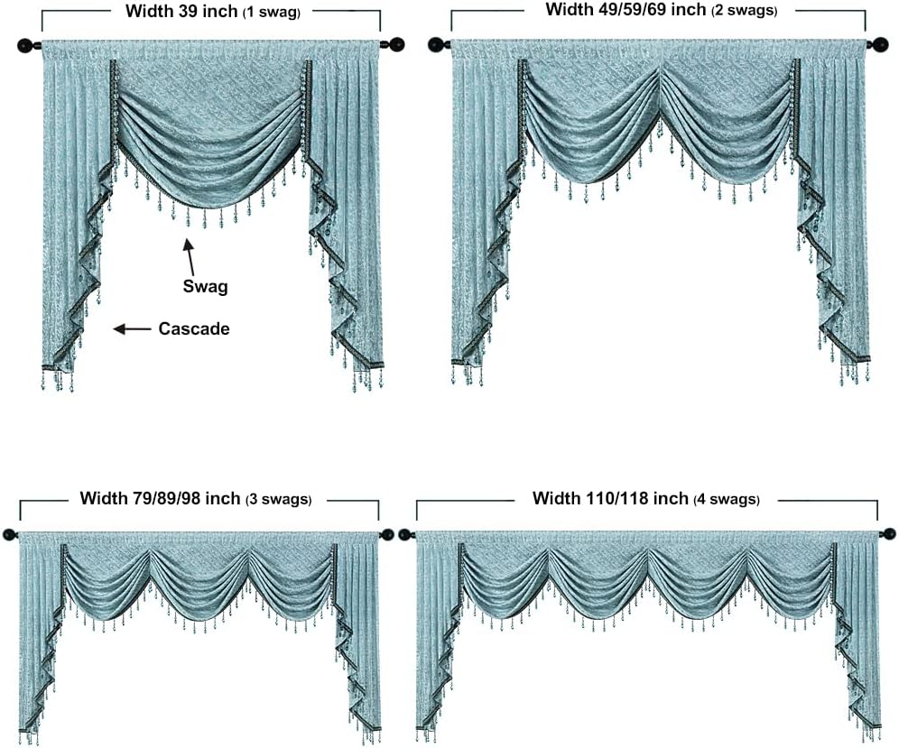 ELKCA Blue Jacquard Waterfall Valance with Luxury Beads Luxury Curtains Valance for Living Room,Rod Pocket,1 Panel(Blue, W59inch)