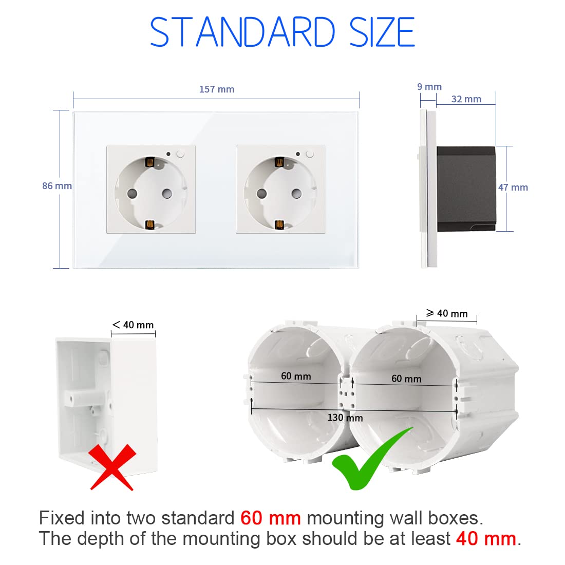 CNBINGO Prise Schuko Wi-Fi encastrée avec mesure de courant, 16 A, en verre, fonctionne avec Alexa (Echo, Echo Dot), Google Assistant, WiFi 2,4 GHz uniquement, 2 compartiments, blanc, 1 pièce