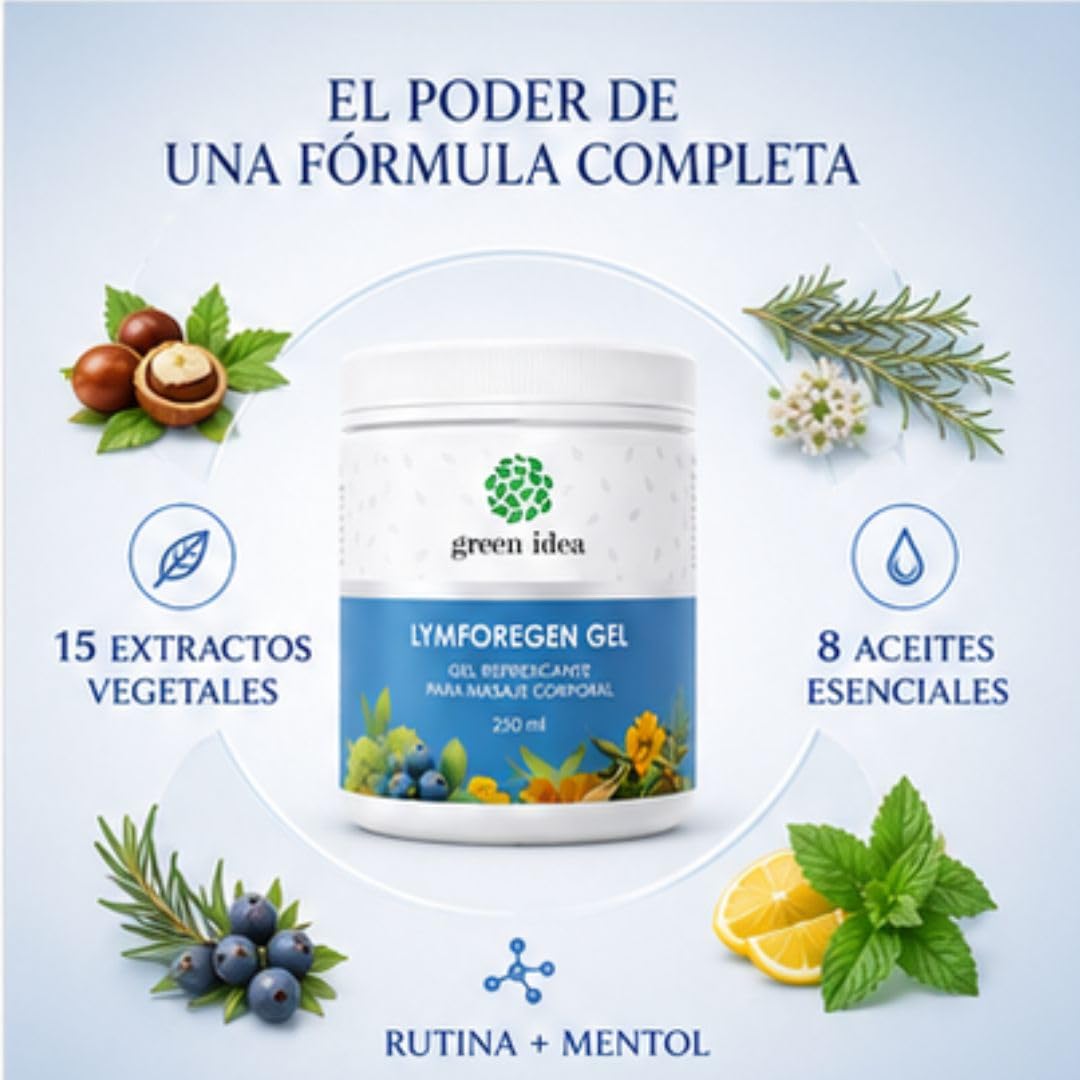 Green idea Lymforegen Gel para Piernas Cansadas y Pesadas – Gel Refrescante para Masaje Corporal con 15 Extractos Vegetales, Aceites Esenciales, Mentol y Rutina – 250 ml